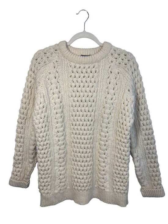 Lands' End Sweaters - Vtg Lands’ End Irish Aran Cable Knit Fisherman Sweater Women’s L 100% Wool Cream